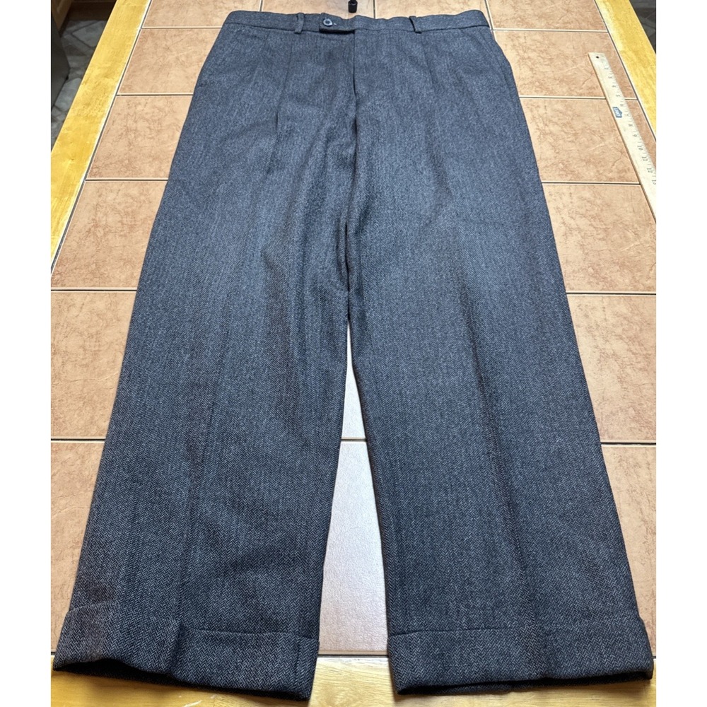 Grant Thomas Dress Pant 34 x 29 Gray Black Herringbone 100% Wool Pleated Flannel